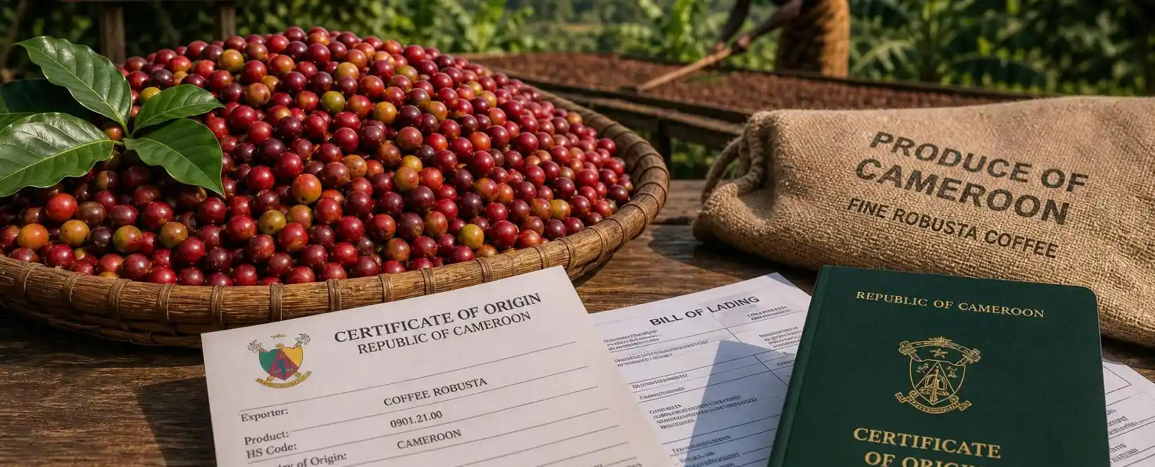 Cameroonian coffee harvest and export documents prepared for EU market compliance